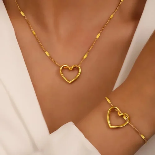 Set Collana e Bracciale con Pendente a Cuore gold
